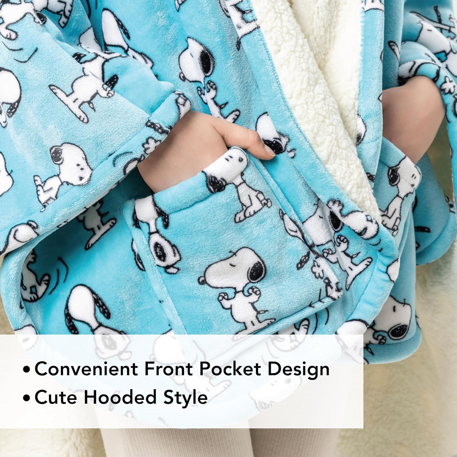 Berkshire Blanket Peanuts® Sherpa Wearable Blanket Hoodie, Cute Character Snoopy Plush Hooded Shawl Blanket - Image 7