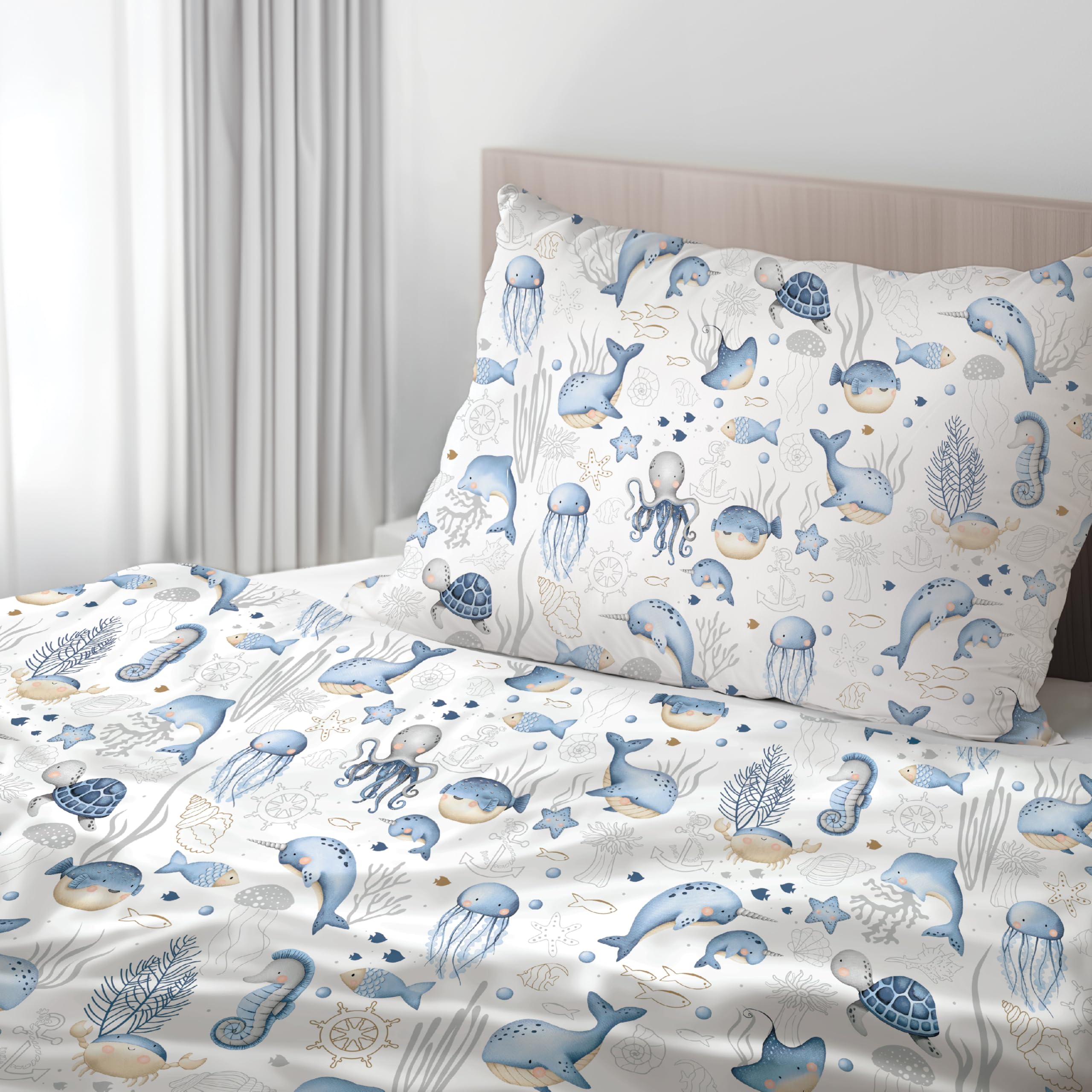 PinkZebra Biancheria per lettino: copripiumino 100 x 135 cm + federa 40 x 60 cm per ragazze e ragazzi, in 100% cotone, made in EU, animali marini
