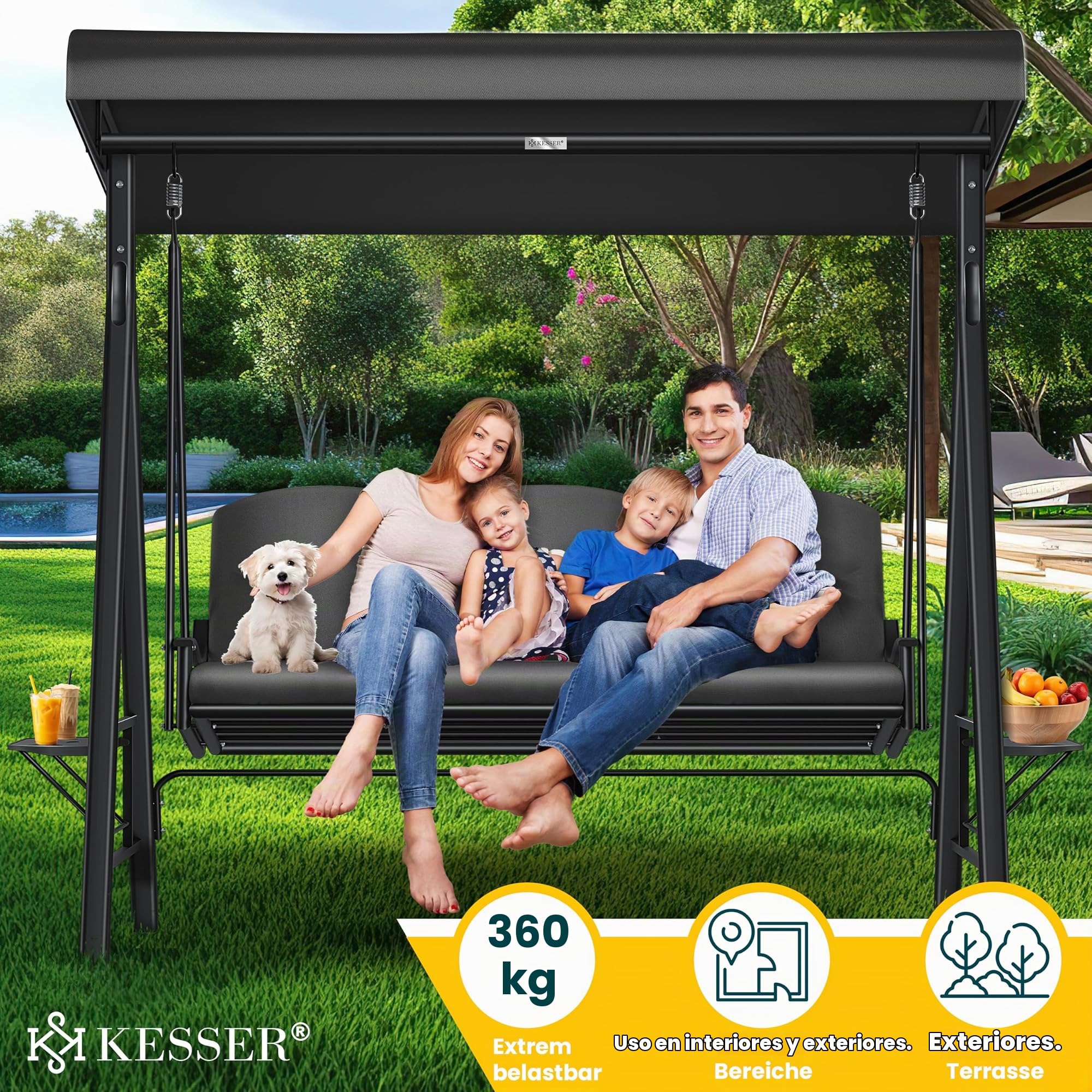KESSER® Hollywood Rocker con Toldo para el Sol, 3 Asientos, Cojín de Asiento, Capacidad de Carga hasta 360 kg, Uso en Exteriores e Interiores, Resistente al Agua, Antracita
