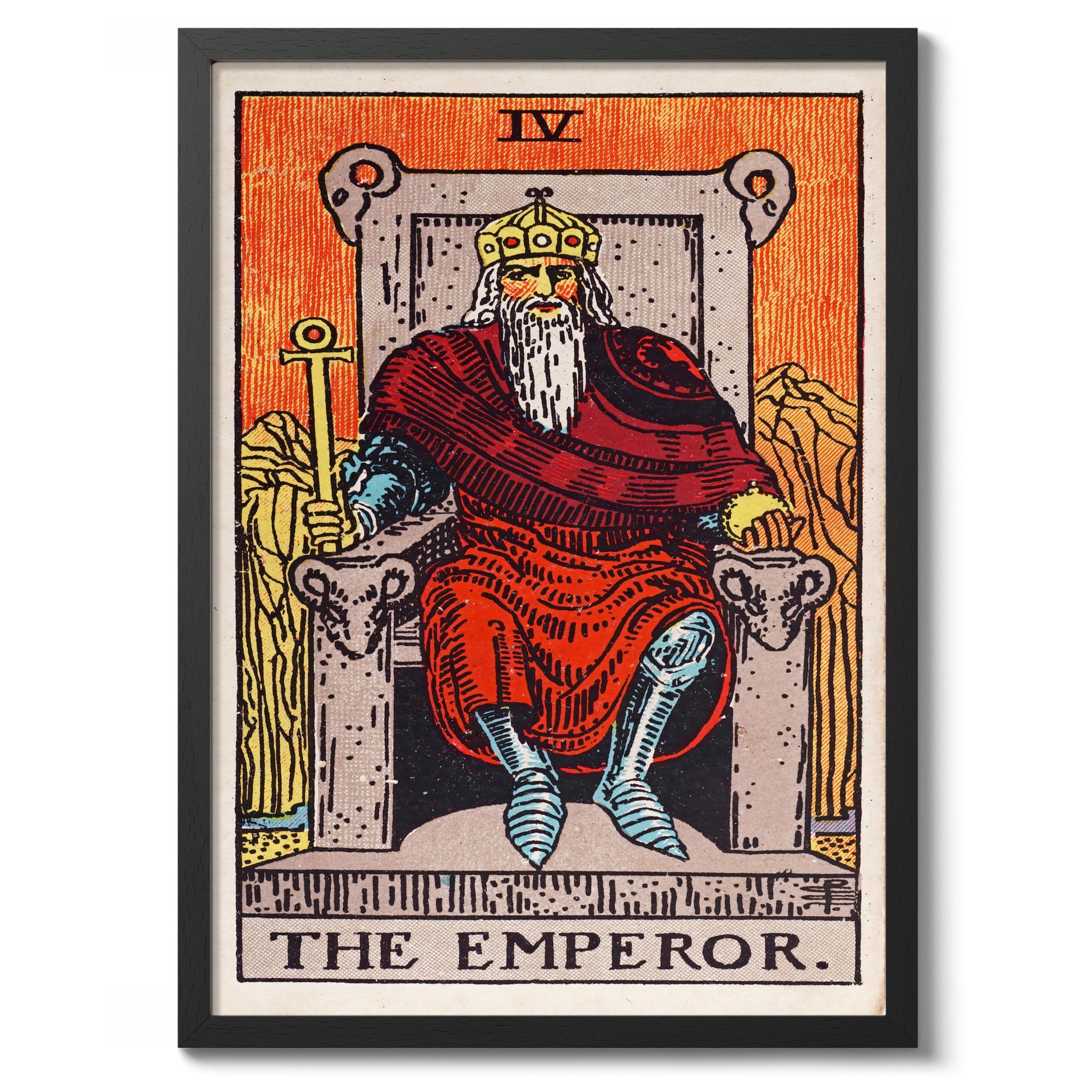 Animato The Emperor Vintage Tarot Art Print, Spiritual Wall Art Poster, Retro Mystical Bedroom Home Decor, 50x70cm (Black Frame) - 53x73cm โ image 1
