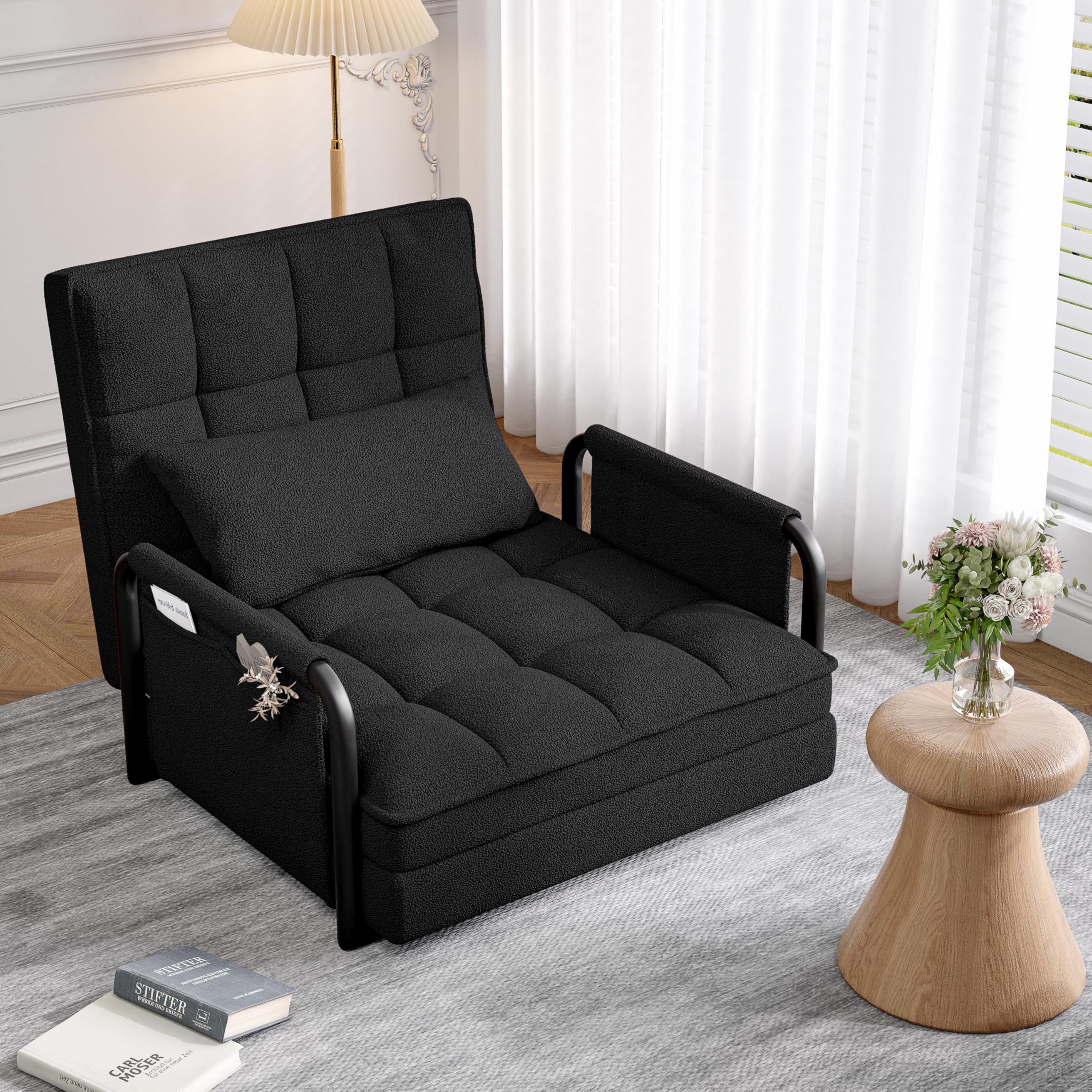 Sofá perezoso Tatami con 2 bolsillos laterales, sillón de suelo ajustable, silla de piso reclinable, ajustable 5 posiciones, asiento de suelo para casa y oficina, sentarse y acostarse (negro, A)