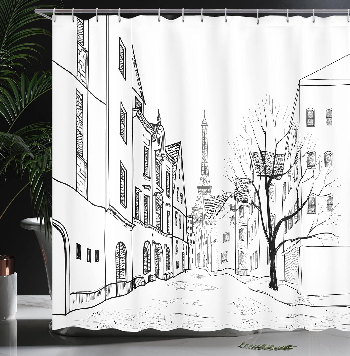 Ambesonne Cityscape Shower Curtain, Paris Street with Houses Buildings and Tree on Alleyway Eiffel Tower Background, Cloth Fabric Bathroom Decor Set with Hooks, 69" W x 75" L, Charcoal Grey White