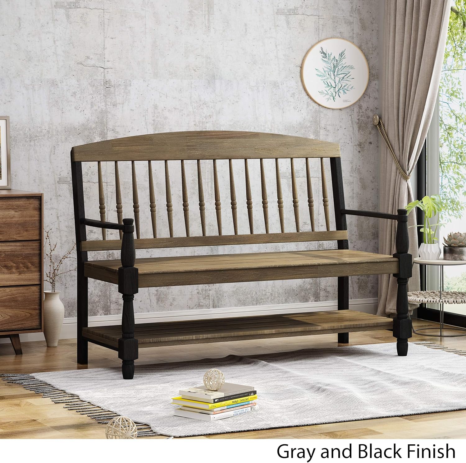 Christopher Knight Home Eddie Indoor Farmhouse Acacia Wood Bench with Shelf, Gray and Black Finish