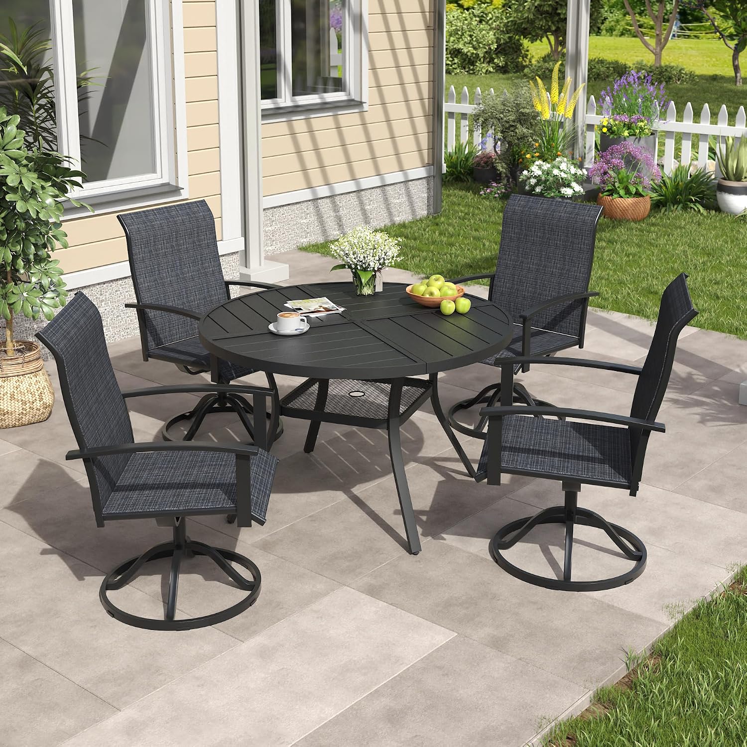 VICLLAX Patio Swivel Chairs Set of 4, Outdoor Dining Chairs with Textilene and Metal Frame for Lawn Porch Garden, Black