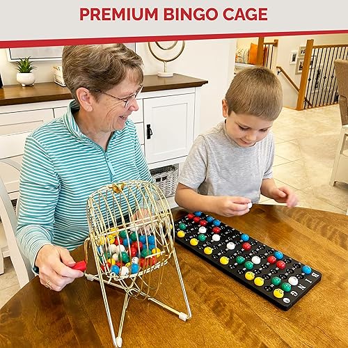 Vista 15 de MR CHIPS Juego de bingo de 11 pulgadas de alto con jaula de acero, juego profesional eterno, bolas de 7/8 pulgadas, 18 tarjetas y 300 fichas