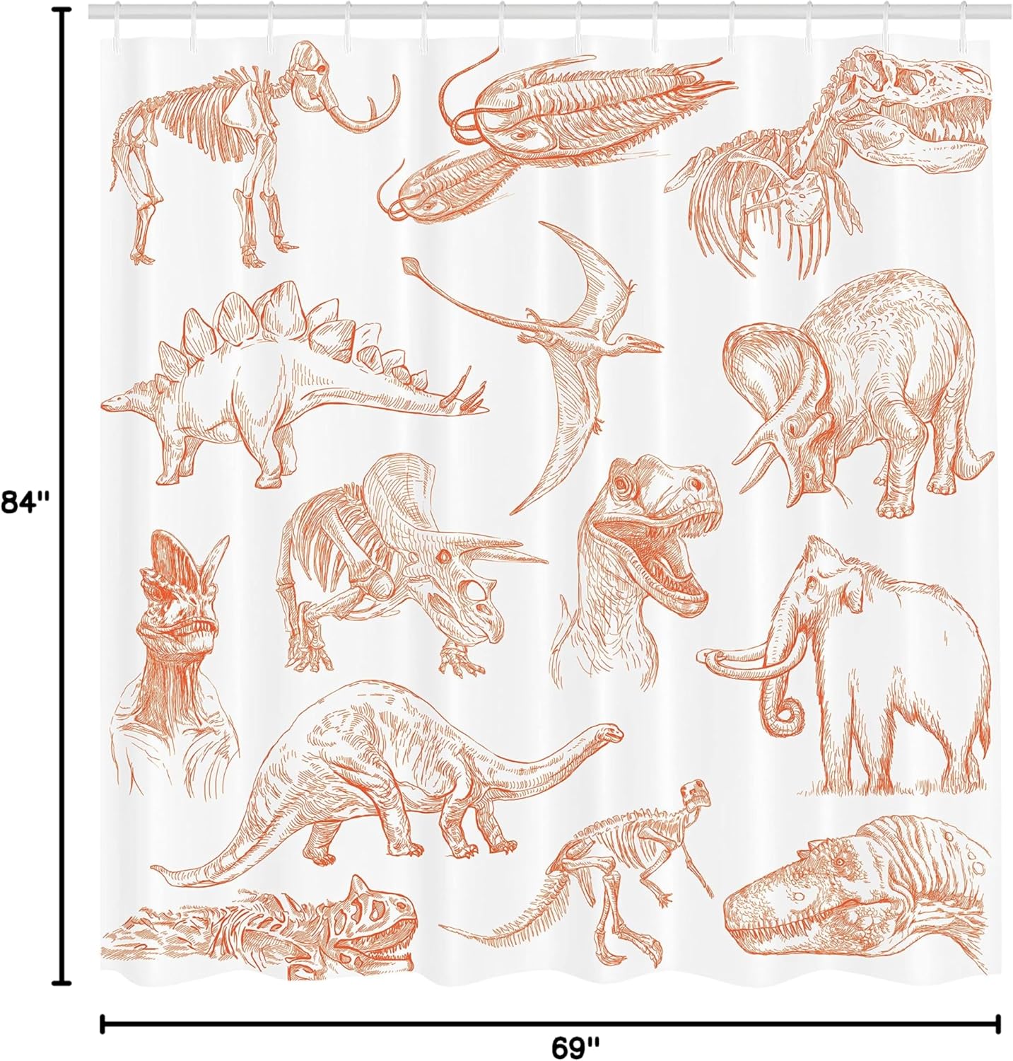 Ambesonne Jurassic Shower Curtain, Arrangement of Various Dinosaurs Illustrations Skeleton Biology Historic, Cloth Fabric Bathroom Decor Set with Hooks, 69" W x 84" L, Burnt Orange