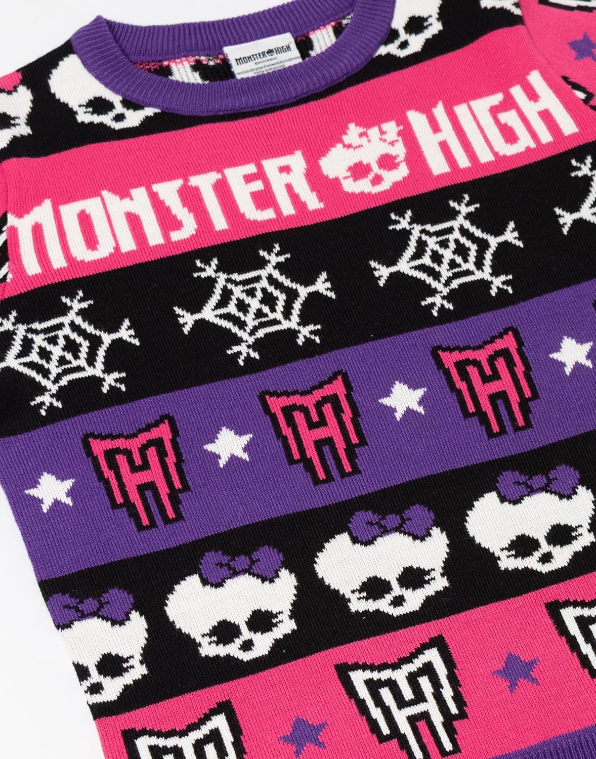 Monster High Girls Pink & Black Skull & Snowflake Fairisle Christmas Jumper | Long Sleeve Crew Neck Holiday Wear
