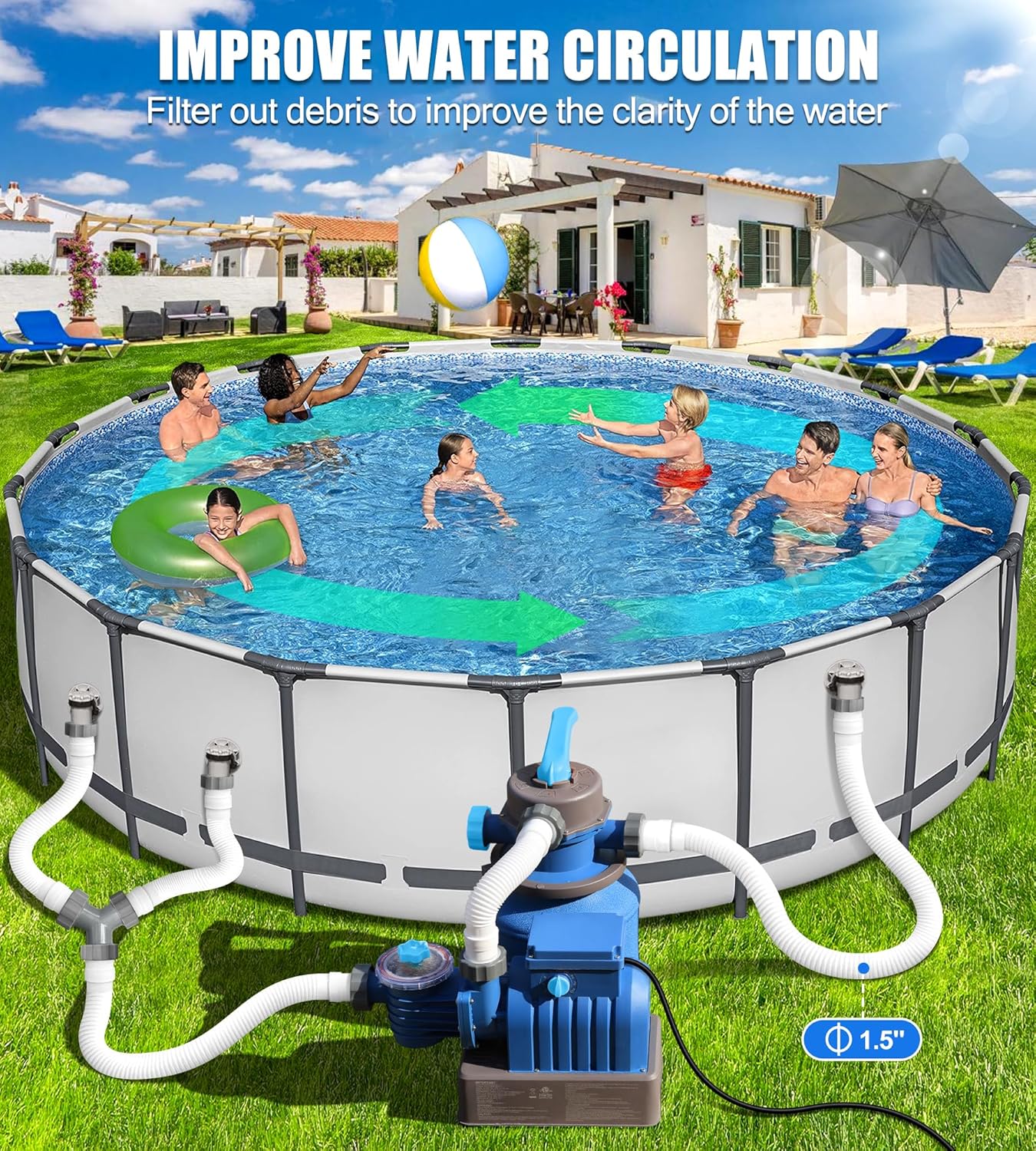 2500 GPH Pool Sand Filter Pump for Above Ground Pools with 3.5 lbs Pool Filter Balls - Rapid Debris Removal & Enhanced Water Circulation