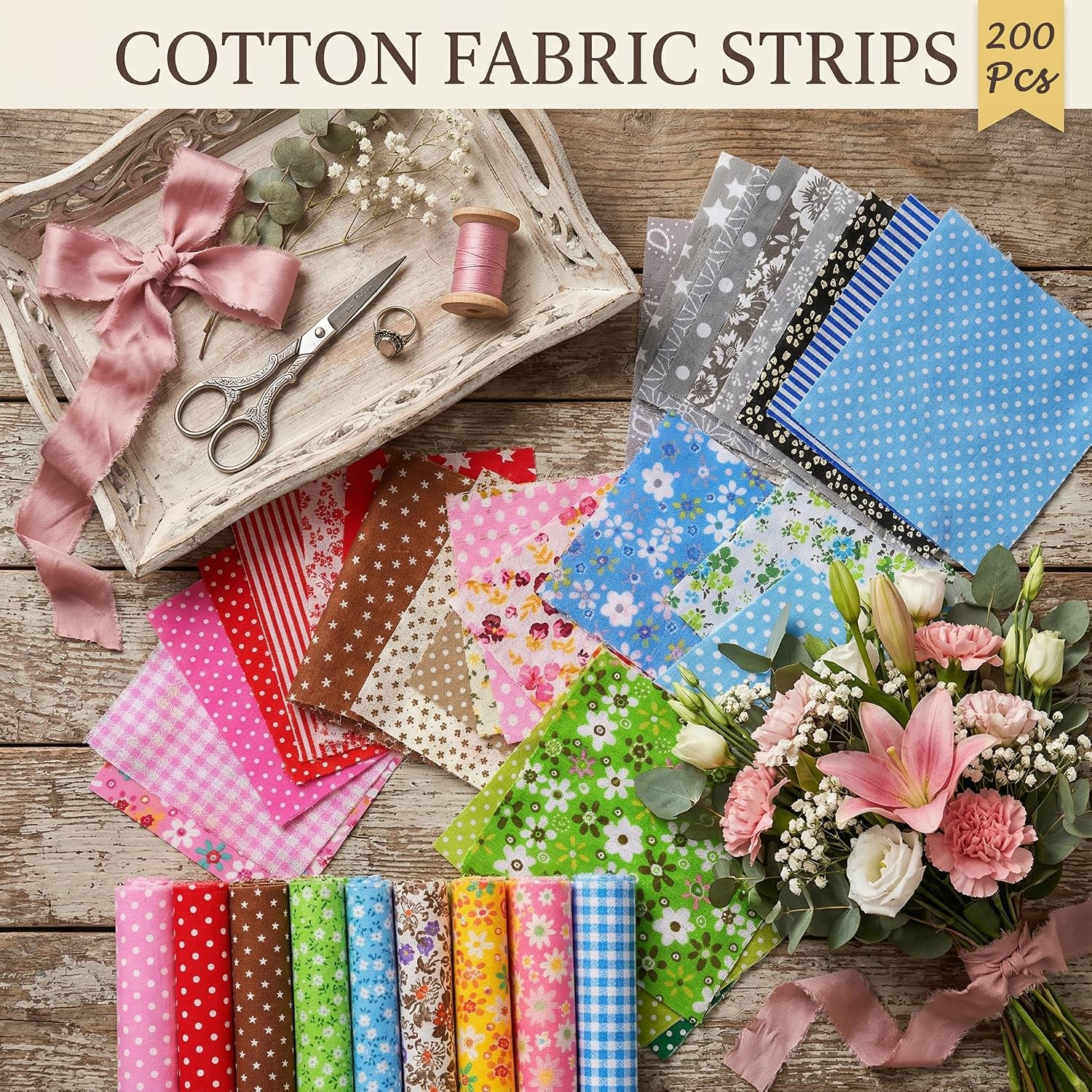 200 Pcs 4" x 4" (10cm x 10cm) Cotton Craft Fabric Bundle Squares, Pre-Cut Floral & Geometric Print, Sewing Quilting Patchwork DIY Fabric Sets for Face Mask Making Doll Clothes Handmade Accessories
