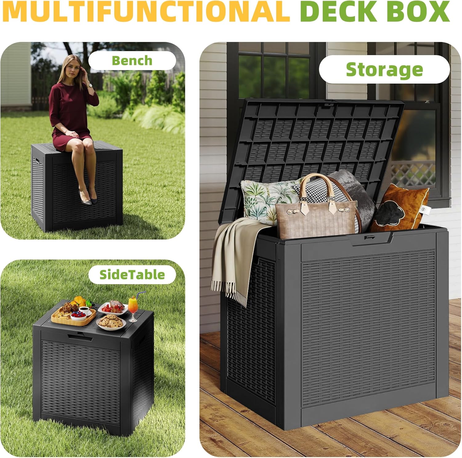 Vixzen 31 Gallon Waterproof Large Deck Box, Lockable Resin Outdoor Storage Box with Hydraulic Lid, Durable Storage Bin for Patio Furniture Cushions, Garden Tools, Pool Accessories, Black