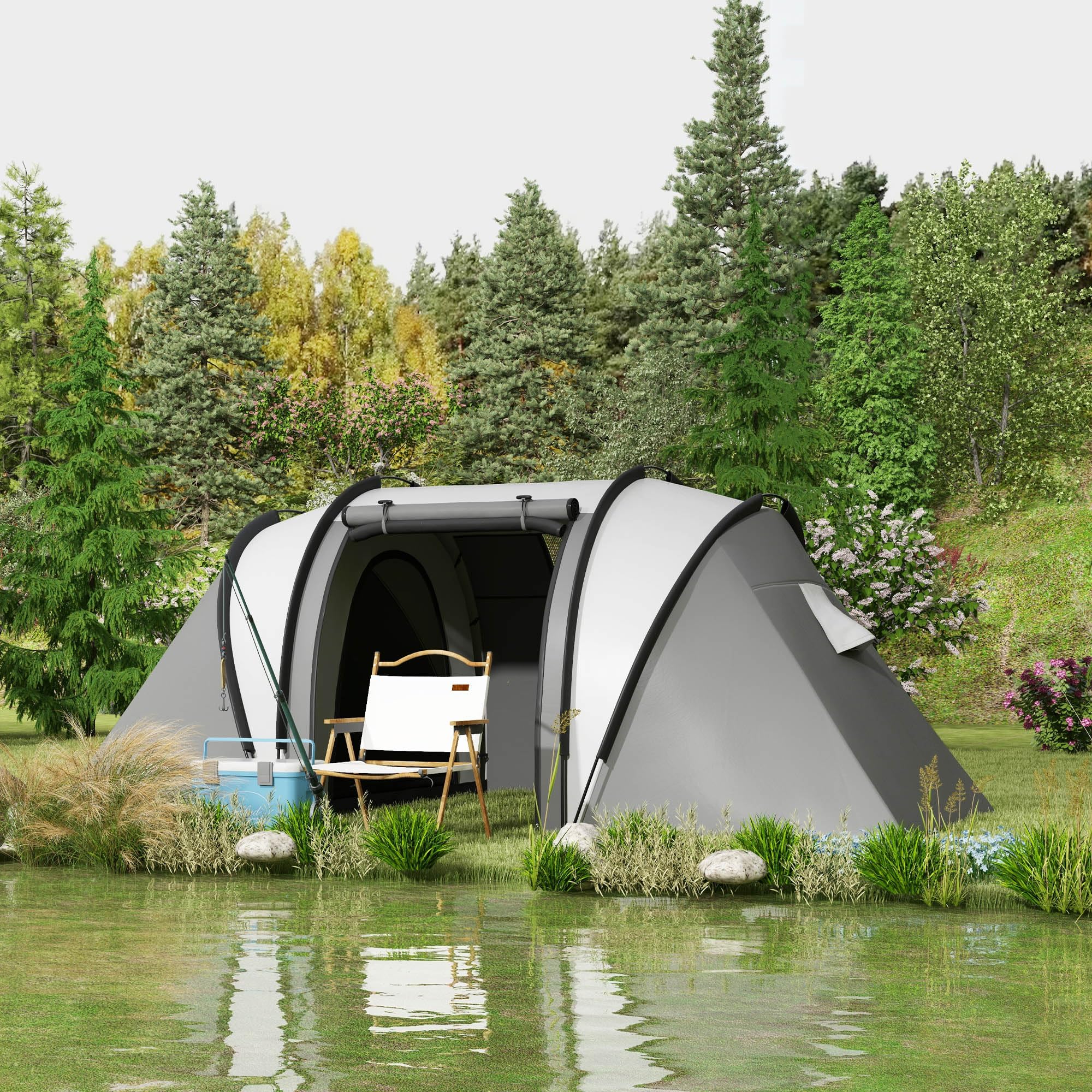 Outsunny Tenda da campeggio per famiglia per 4-5 persone, tenda da campeggio a tunnel impermeabile 3000 mm con 2 camere da letto, borsa da trasporto e gancio per pesca escursionismo