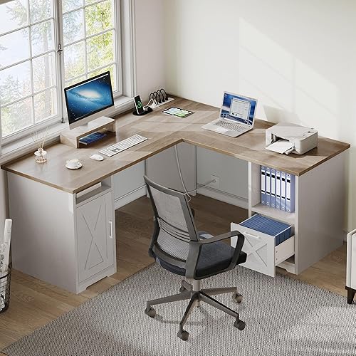 DWVO Escritorio en forma de L con cajón de archivos, escritorio de esquina de 60 pulgadas con tomas de corriente, escritorio de oficina en casa con