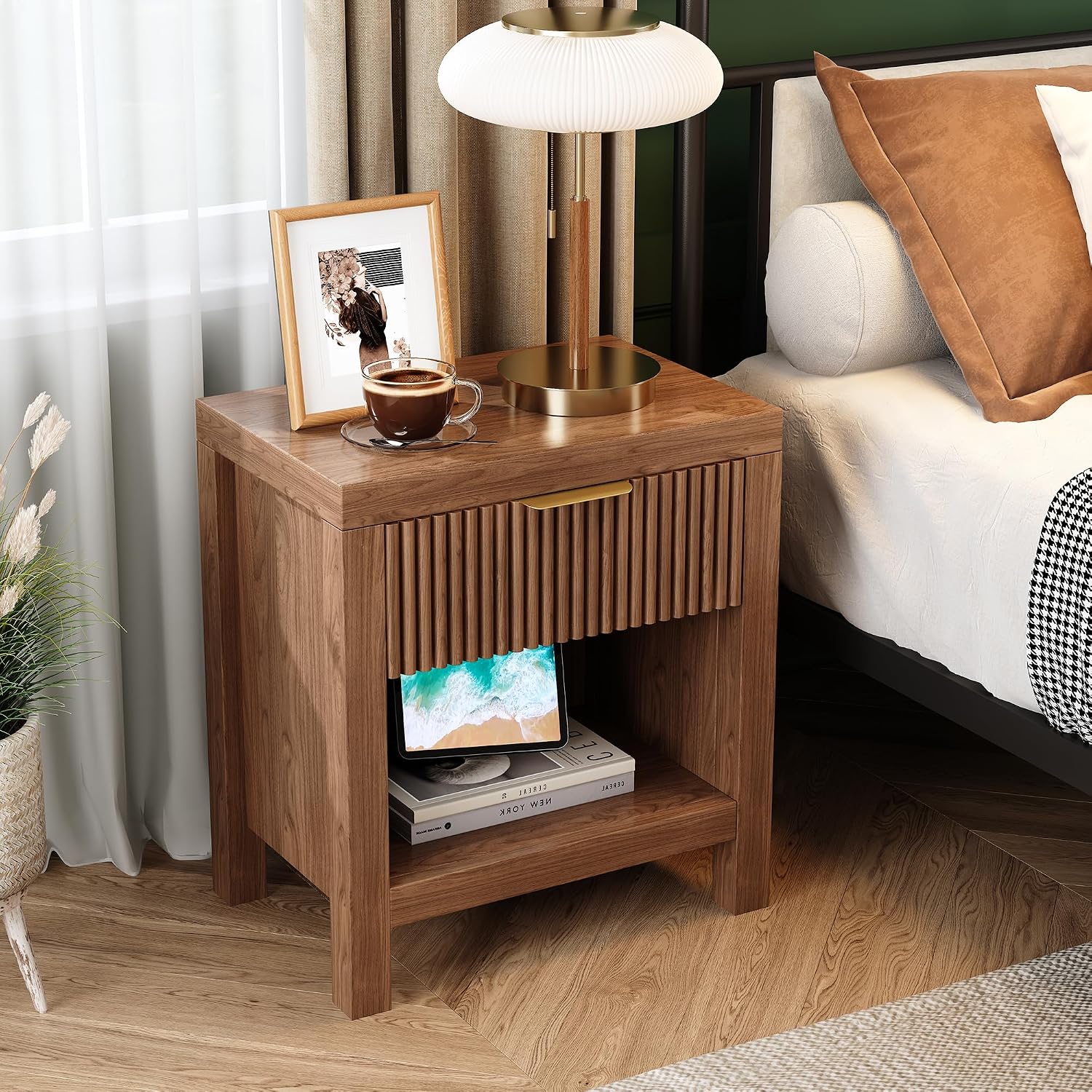 Nightstand Set of 2, Wooden Farmhouse Fluted Cabinet Bedside Cabinet, Mid Century Modern Boho End Table Side Table with Open Shelf, for Living Room, Office (Walnut)