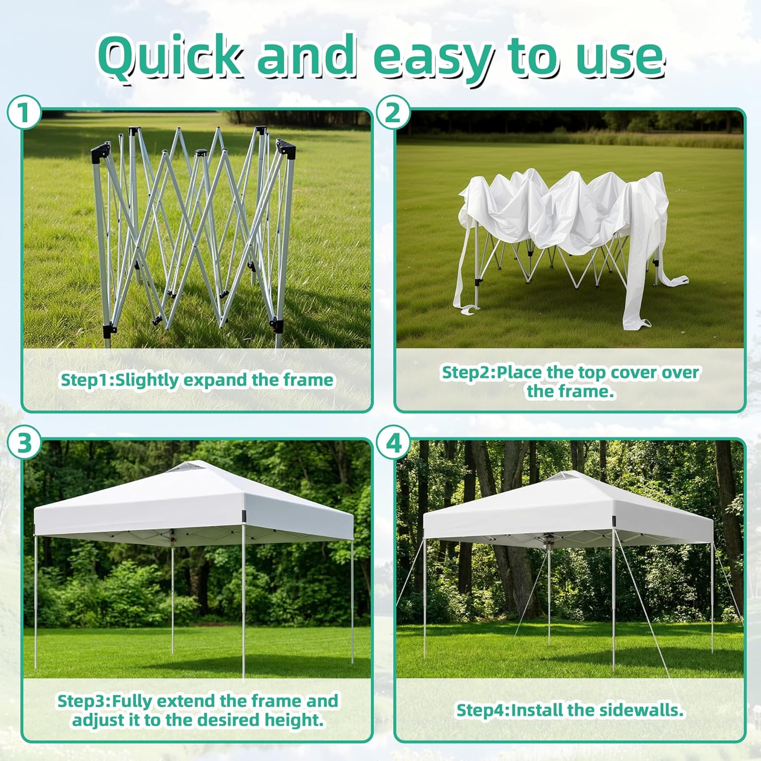 10 x 10FT White Pop Up Canopy Tent with Wheeled Carry Bag, Sandbags, Easy Setup Outdoor Portable Gazebos Shelter Sun Shade for Events, Party, BBQ, Backyard, Adjustable Height Canopy