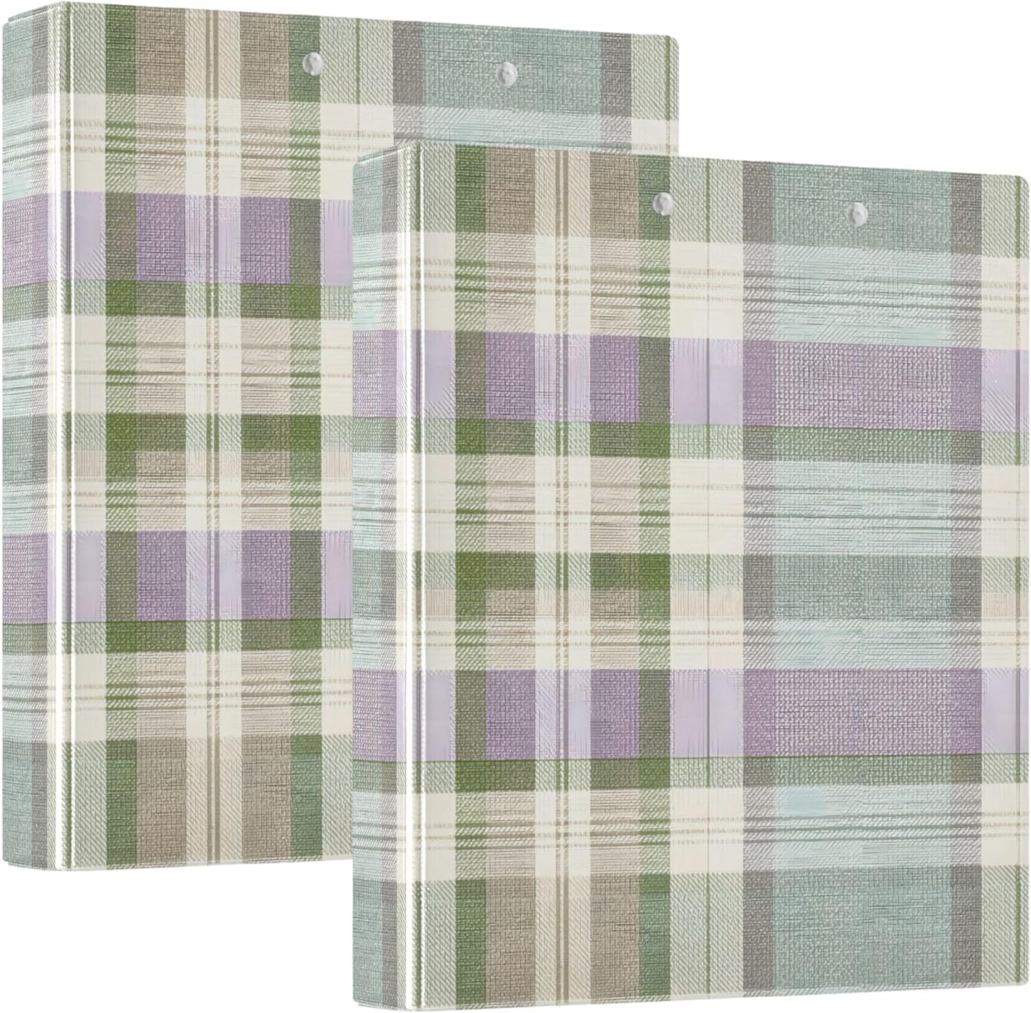 Green White Plaid 3 Ring Binders, 1.5” Round Ring Binders with Clipboard - Letter Size, 3 Interior PVC Clear Pockets & Anti-Slip Clip for Office School Supplies, 2PCS