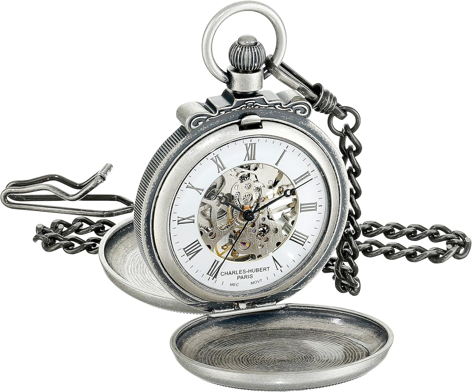 Charles-Hubert, Paris 3868-S Classic Collection Antiqued Finish Double Hunter Case Mechanical Pocket Watch