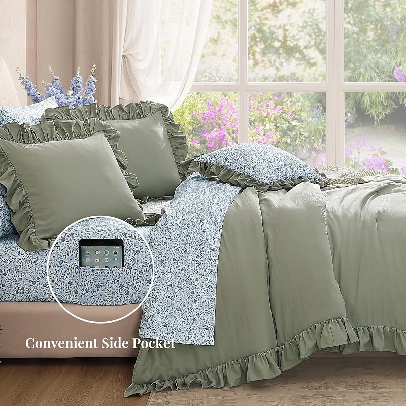 BLOOMHAVEN Queen Comforter Set-7 Pieces Ruffle Bedding with Floral Sheet image 3