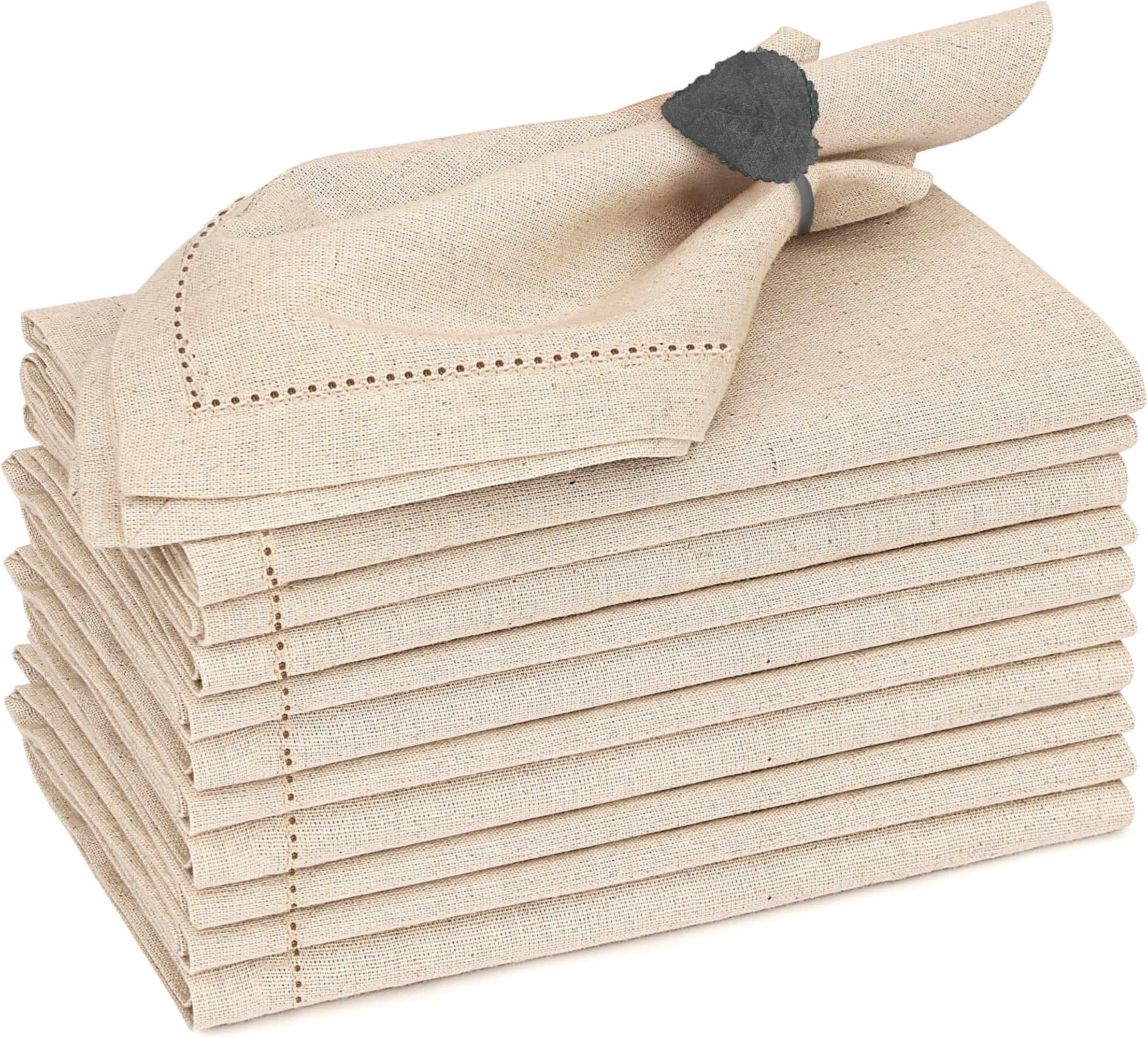 Ruvanti Premium Linen Napkins Set of 12-20x20 Inch, Classic Hemstitch, Mitered Corner Cloth Napkins - Soft, Elegant Dinner Napkins Cloth Washable for Weddings, Parties, Everyday Use - Natural