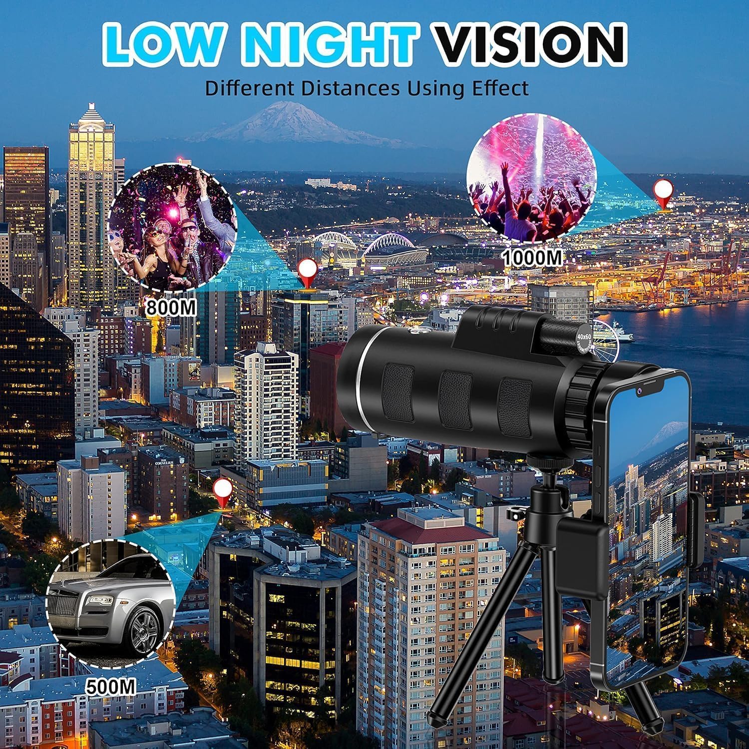 40x60 Monocular Telescope with Smartphone Adapter and Telescope Cases, Telescope for Adults High Powered, Monocular for Adults, Compact Low Light Vision for Wildlife, Hunting, Camping,Adventures - Image 7