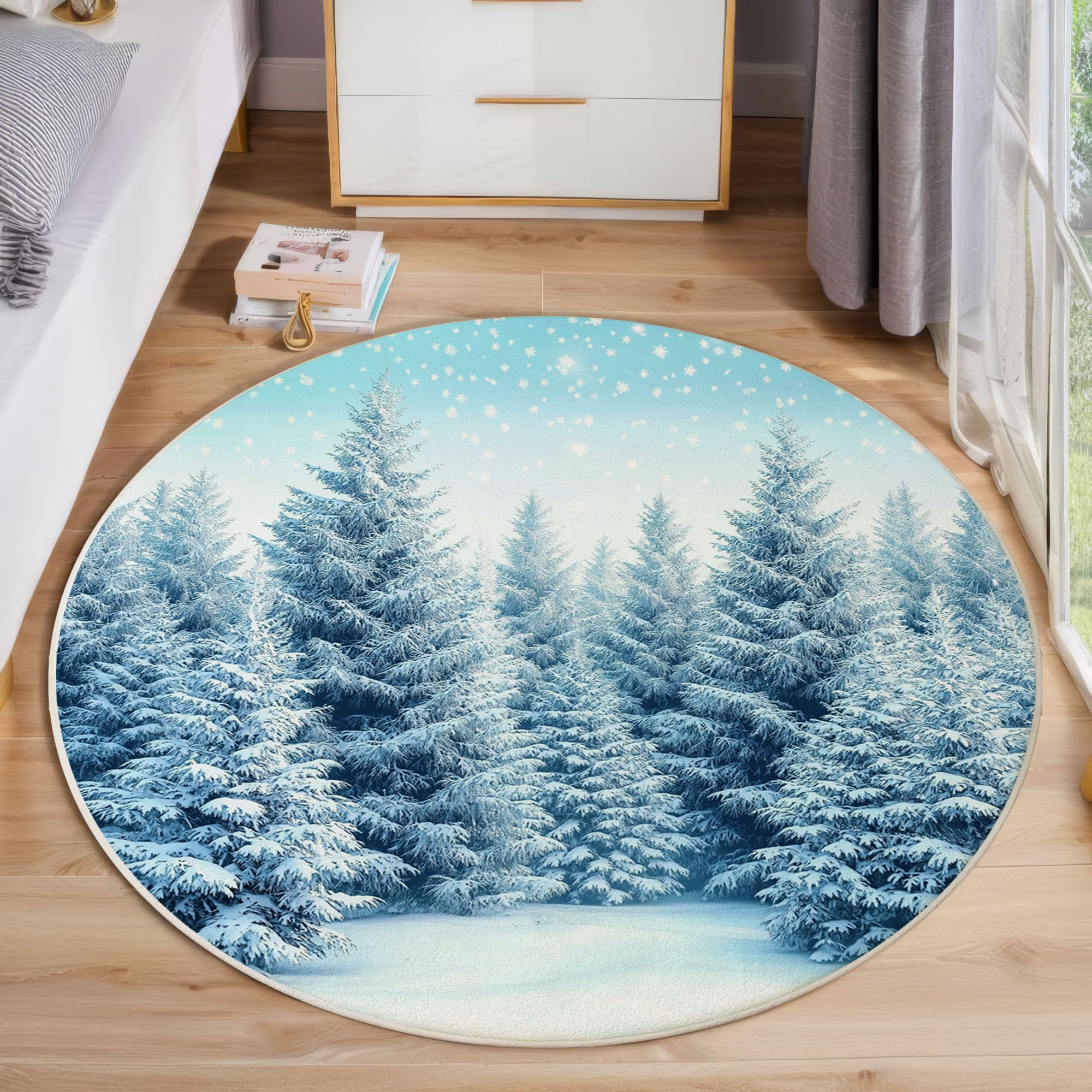 Tapis rond de chambre bleu ciel 100 cm imprimé forêt de flocons de neige de Noël