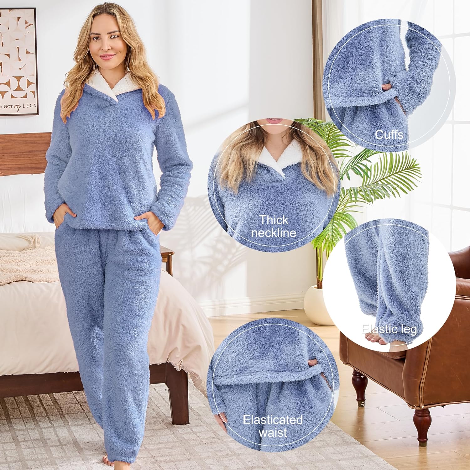 Fluffy Womens Pajama Sets, Pjs with Pants Winter Fuzzy Pajamas Fleece Soft Cozy Warm Ladies Loungewear - Image 2