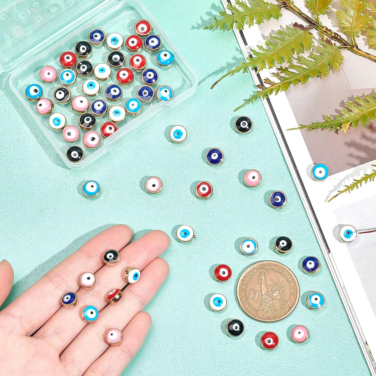 NBEADS 60 Pcs 8mm Acrylic Evil Eye Beads, Flat Round Opaque Gold Plated Evil Eye Charms for DIY Jewelry Making, 6 Assorted Colors - Image 3