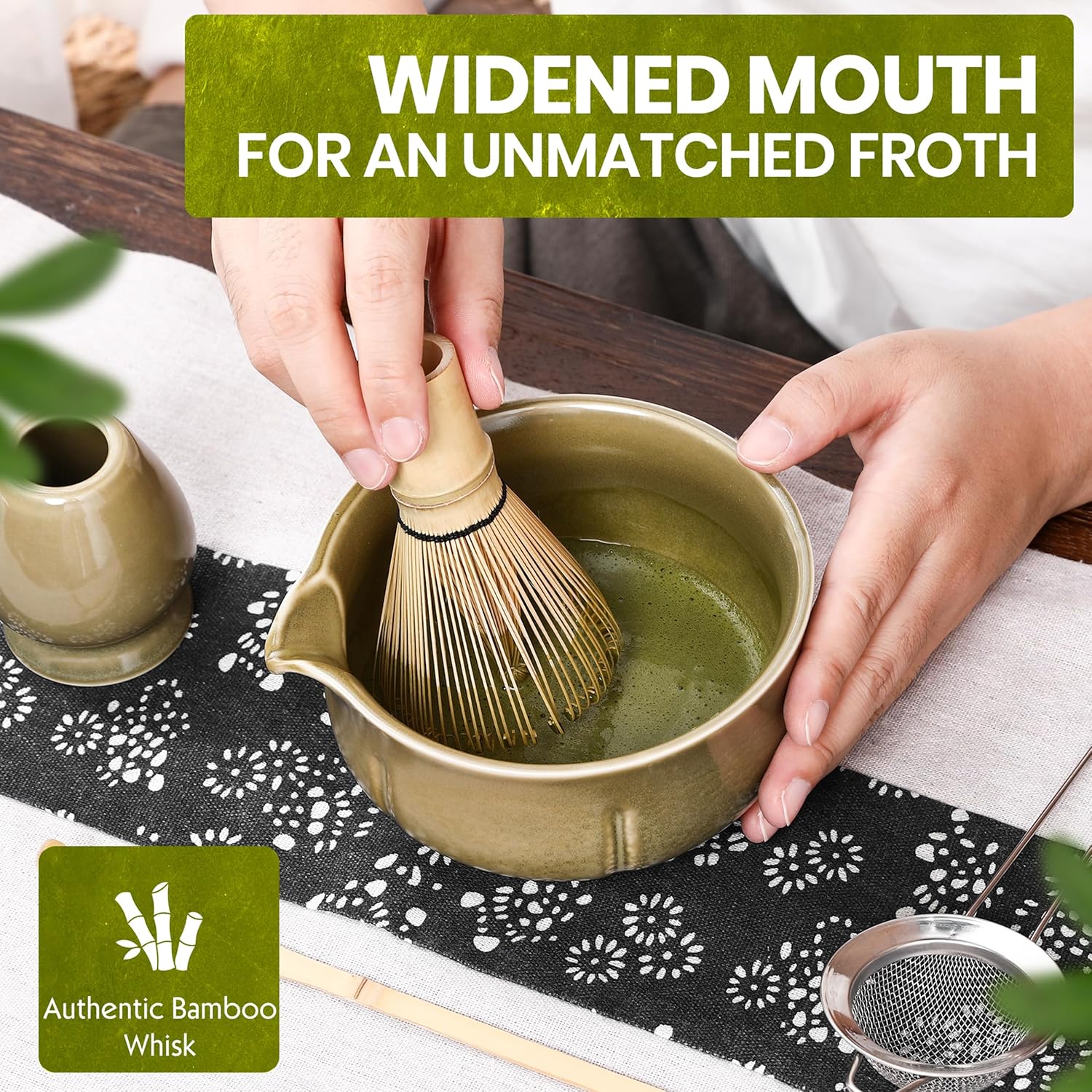 Matcha Whisk Set – 5 Piece Japanese Matcha Tea Set w/Ceramic Matcha Bowl, 100-Prong Bamboo Whisk & Holder, Scoop, & Stainless Sifter – Traditional Matcha Making Kit (Mottled Green)