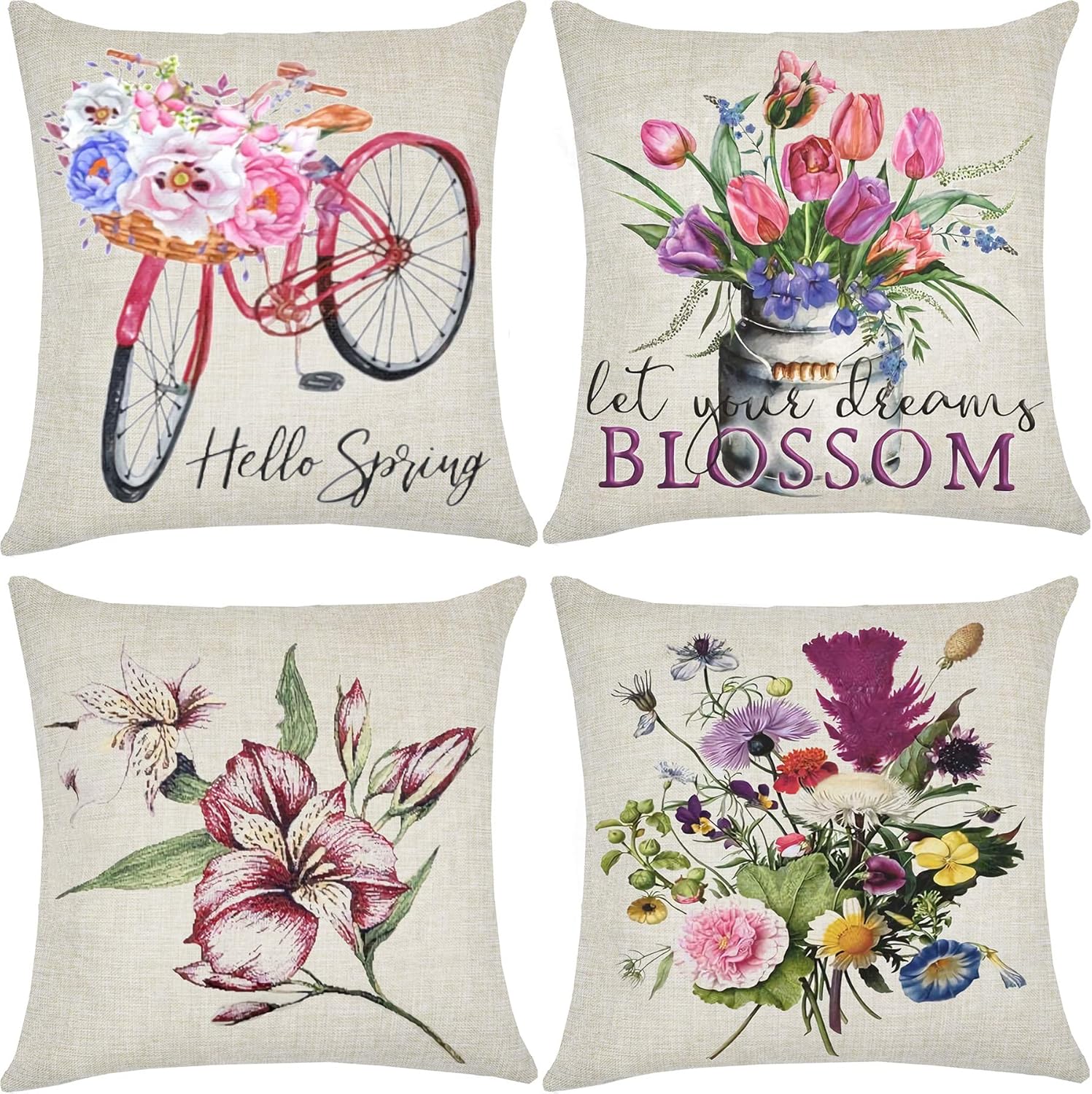 ZUEXT Hello Spring Floral Throw Pillow Covers 18x18 Inch