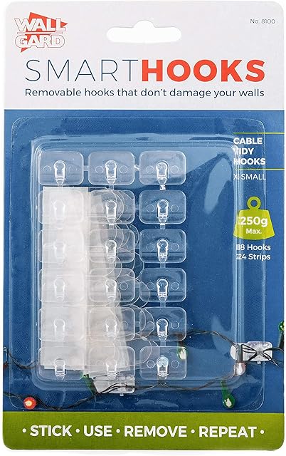 Wall Gard Removable Self-Adhesive Christmas Decoration & Fairy Lights Hanging Stick On Hooks, Clear X-Small Clips