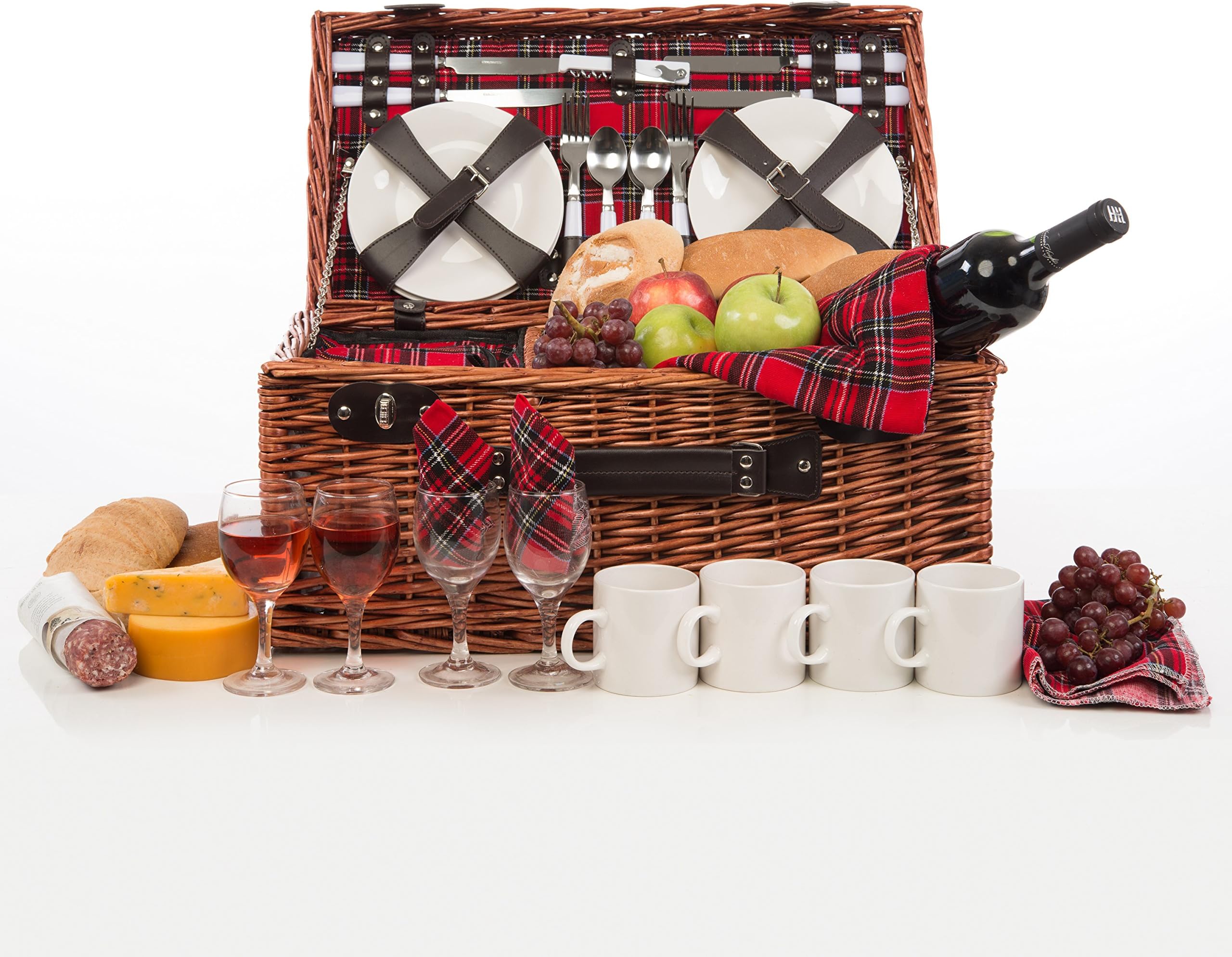 Weirwood Deluxe Modern Wicker Picnic Basket Hamper Set Includes Flatware, Cheese Plates, Ceramic Mugs, Handkerchiefs, and Free Checkered Blanket