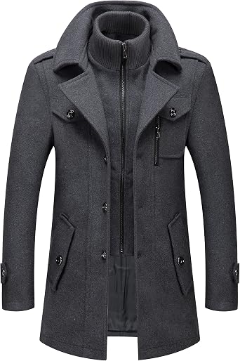 PRIJOUHE Mens Wool Blend Jacket Single Breasted Slim Fit Thick Winter Windproof Pea Coat with Removable Scarf