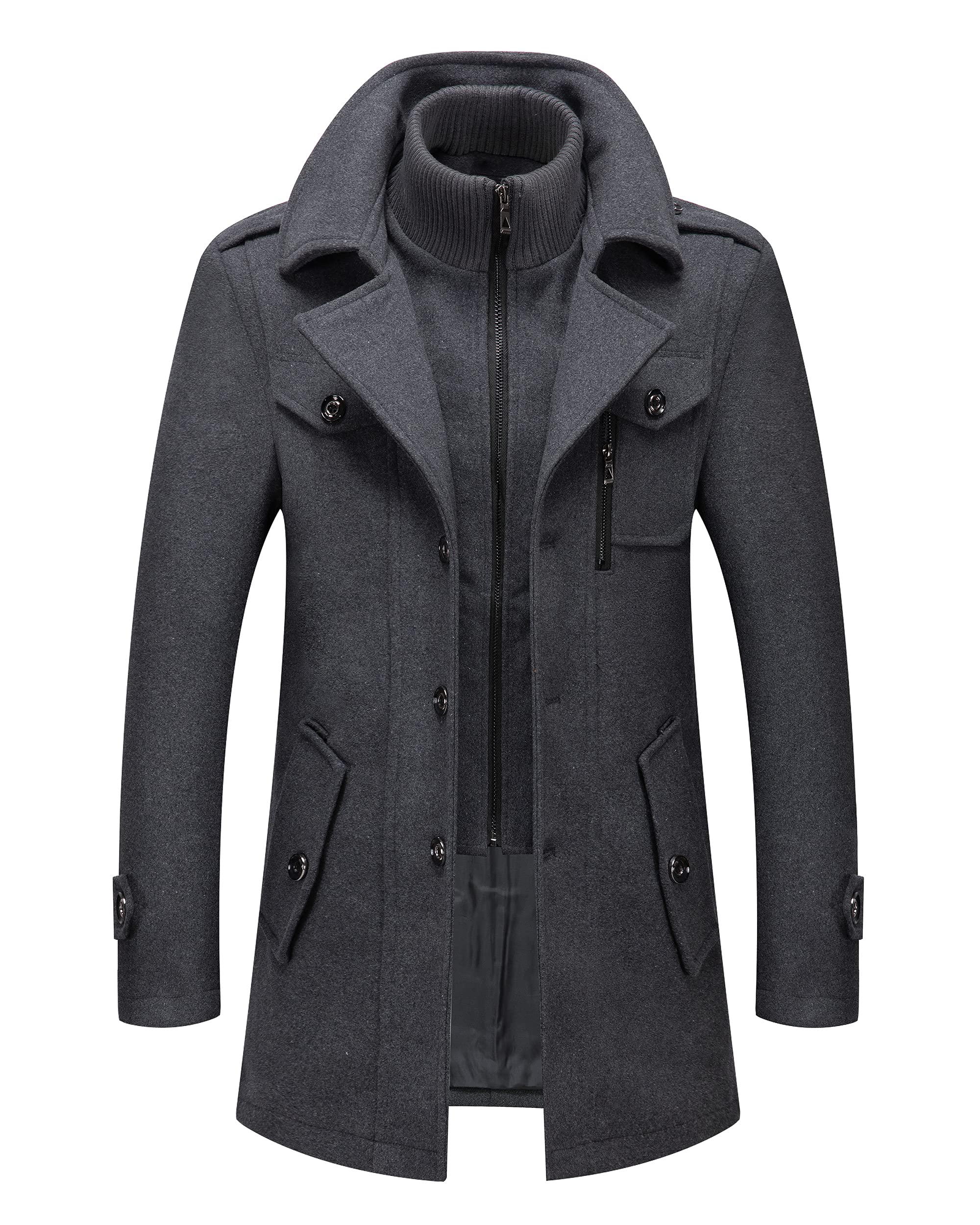 PRIJOUHE Men's Wool Blend Jacket Single Breasted Slim Fit Thick Winter Windproof Pea Coat with Removable Scarf