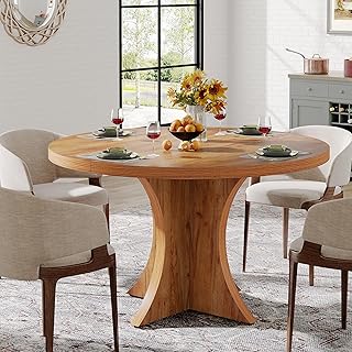 Tribesigns Round Dining Table for 4-6, 47.24-Inch Farmhouse Kitchen Table, Wood Dining Table with Pedestal Base, Small Dinner Table for Dining Room,Living Room, Small Space, Brown