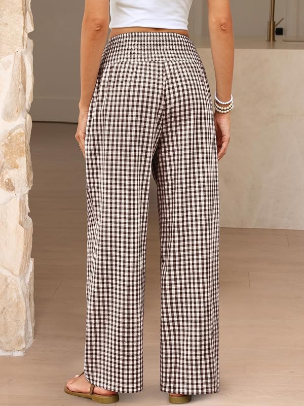 ANRABESS Womens Striped Gingham Palazzo Pants,Brown White Plaid,S by ANRABESS - Image 4
