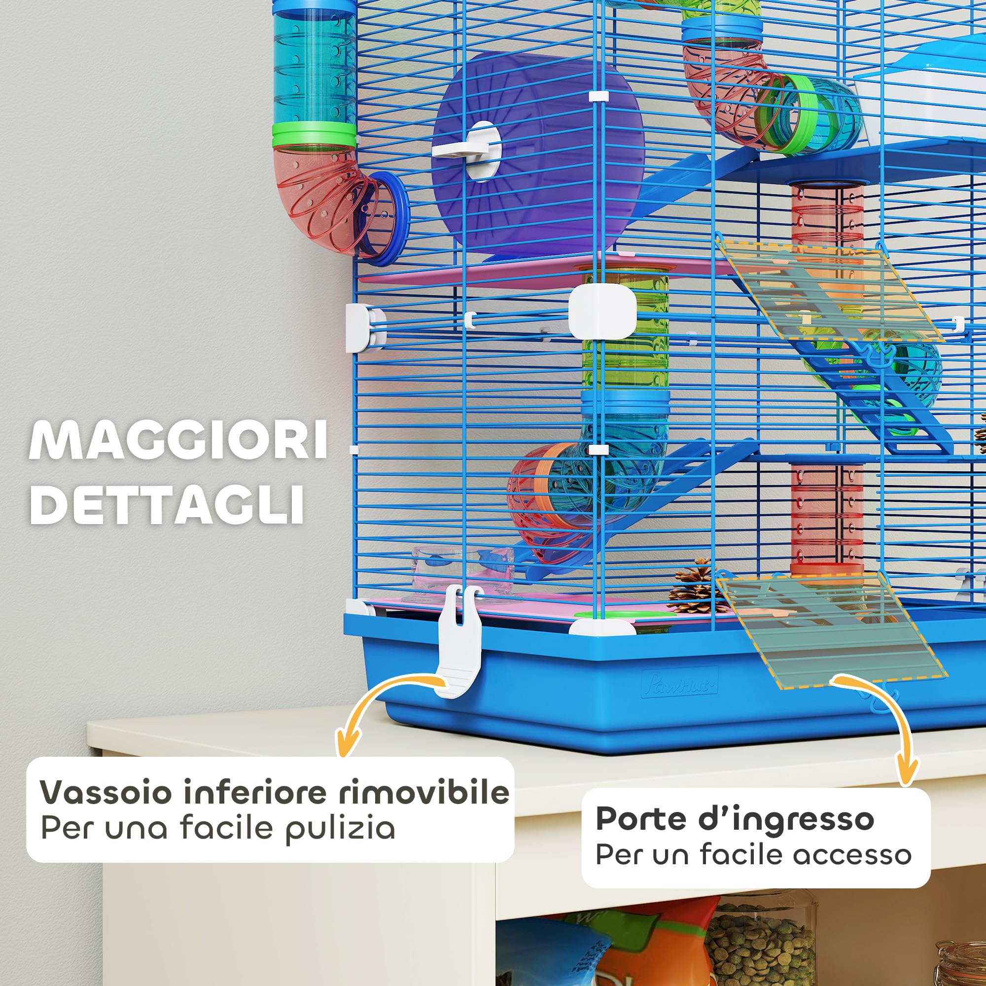 PawHut Gabbia per Criceti a 5 Livelli con Tubi, Ruota, Casetta, Scale e Bottiglia, Gabbietta per Roditori in Metallo e Plastica, 46x30x58 cm, Blu Scuro