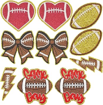 Football Iron On Patches, 10Pcs Game Day Embroidered Glitter Patches, Sew On Appliques with Bow, Heart, Lightning for Jackets, Jeans, Backpacks, Sports DIY