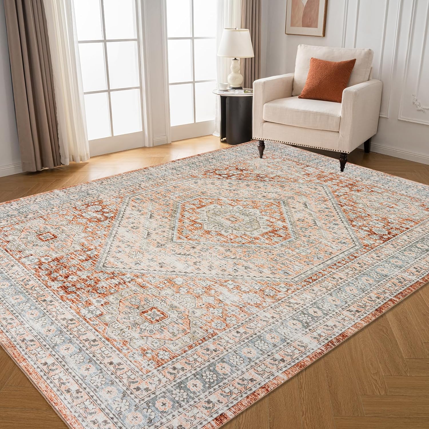 Area Rugs for Living Room - Machine Washable Non Slip Vintage Rug for Bedroom - Low Pile Lightweight Print Floor Carpet for Dining Room,Home Office (Orange, 8'x10')