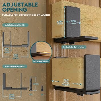 Adjustable Door Barricade Brackets, 2x4 Door Barricade Bracket, Heavy Duty Carbon Steel, Black, 2-Pack