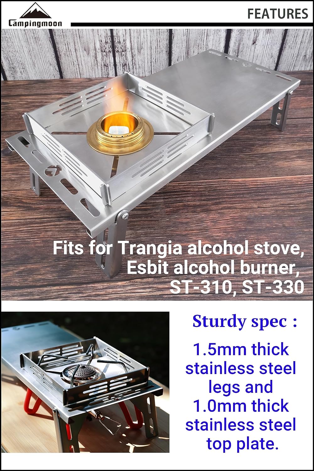 CAMPINGMOON Solo Camping Table Small Tabletop Heat Shield Windshield Stainless Steel Lightweight Compact with Storage Bag for ST-310 Alcohol Stove SK-310CP (Silver)