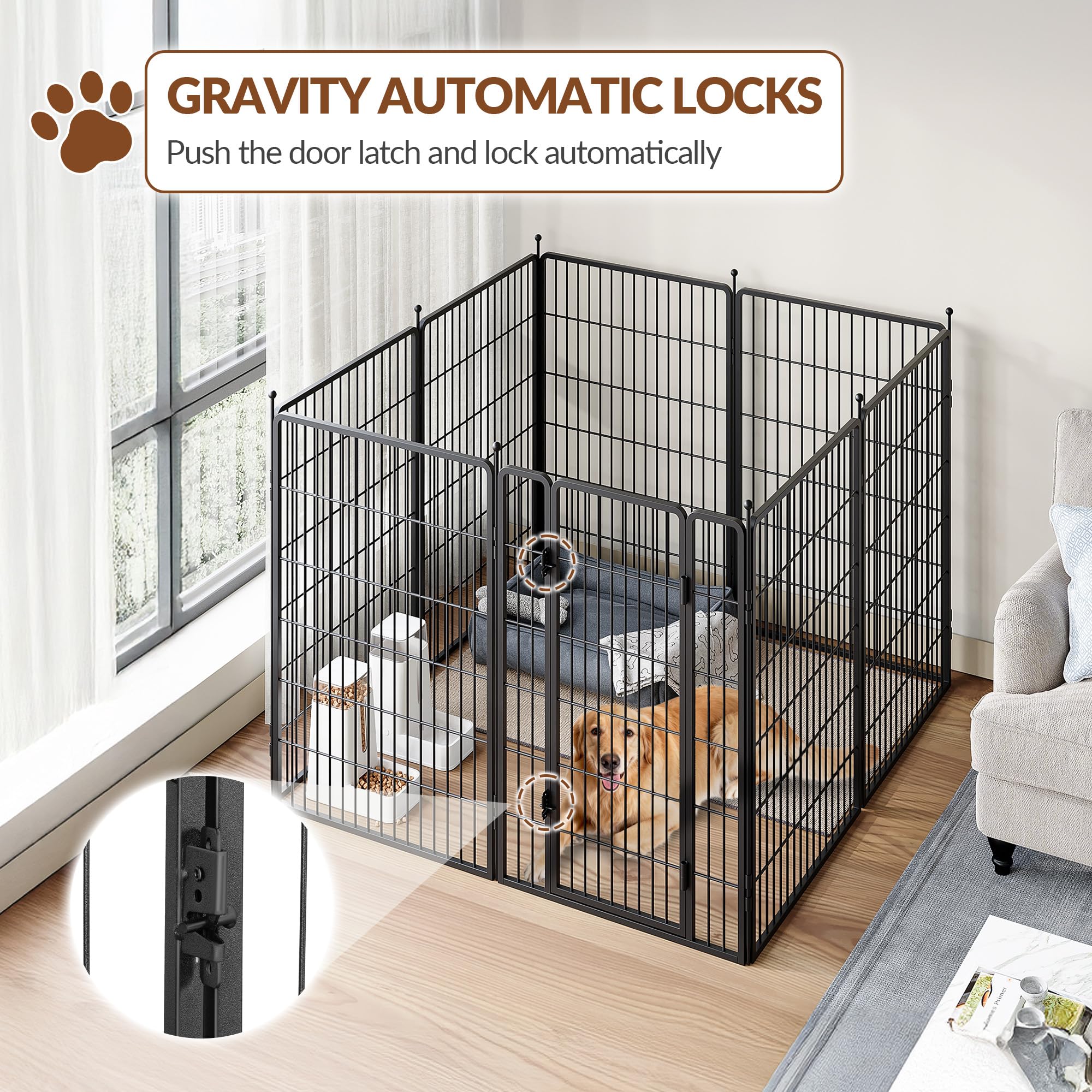 Recinto per Cani, Altezza 100 cm, Nero | Pieghevole in Metallo, per Interno ed Esterno, 8 Pannelli, 2 Serrature, FPWL103TB1