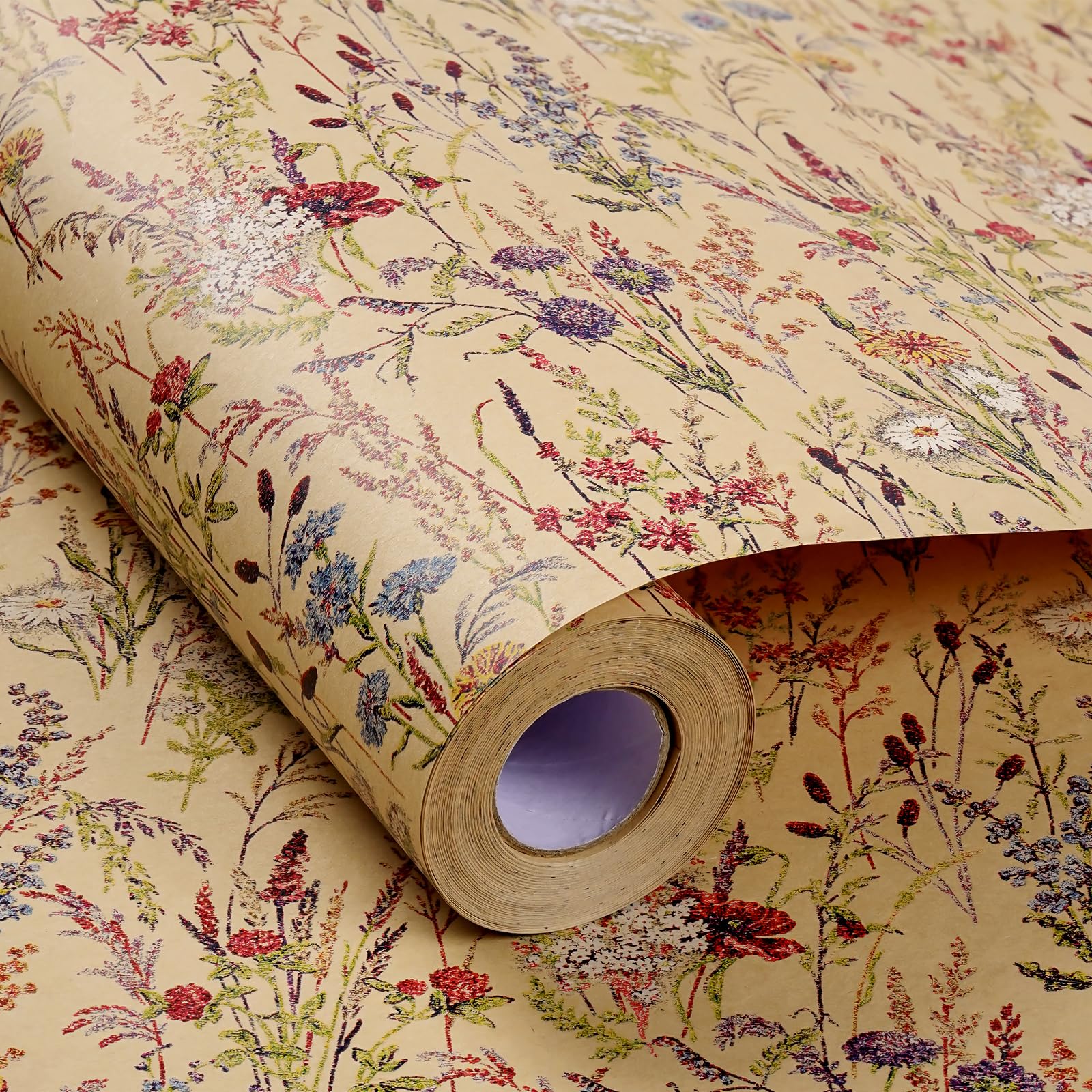 Tyzarglef Geschenkpapier mit Wildblumen-Motiv, 43,2 cm x 100 cm, Kraftpapier, Blumendesign, Geschenkpapier für Frauen, Mädchen, Geschenke, Geburtstage, Hochzeiten, Brautpartys und Verlobungen