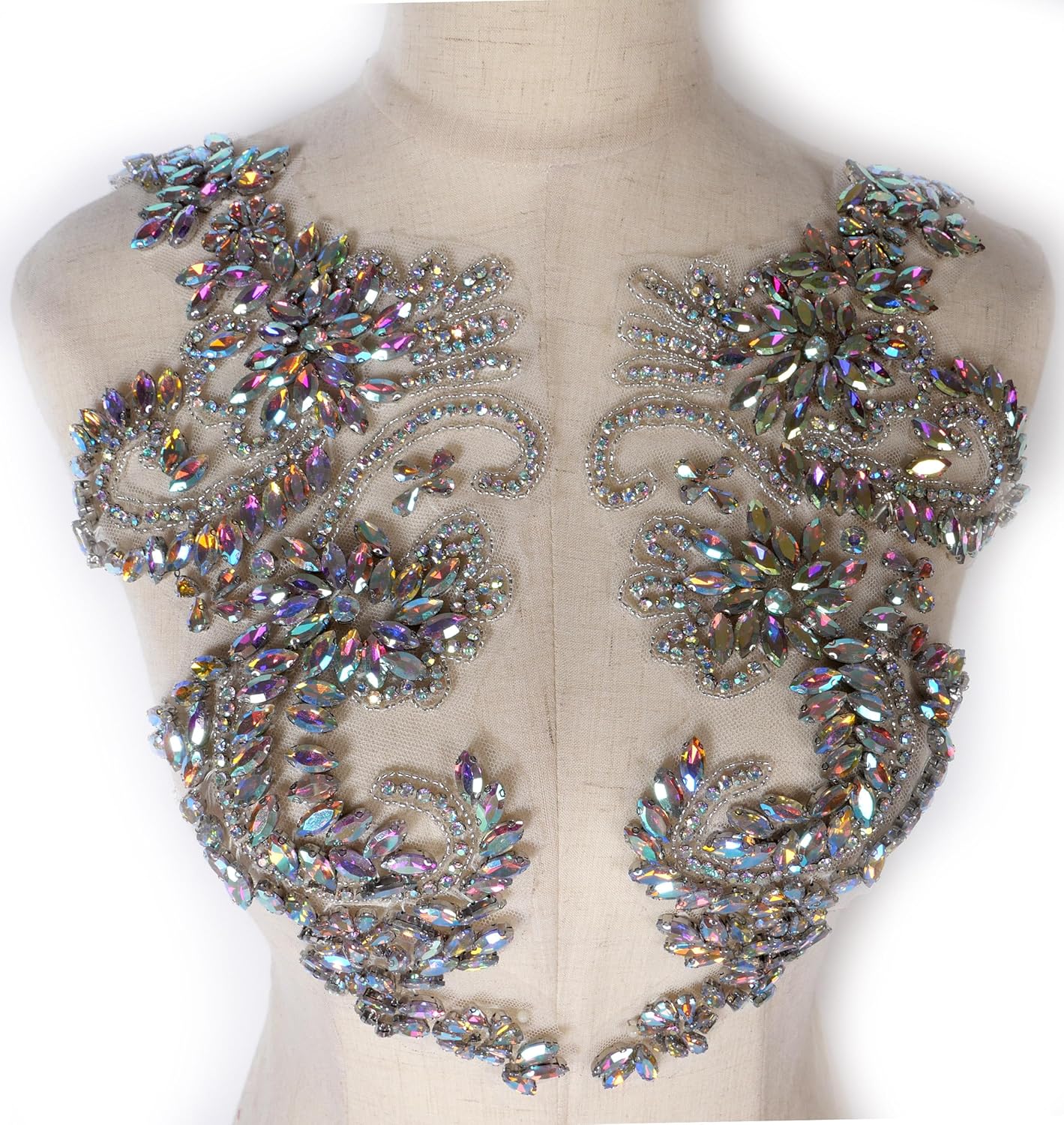 Luxury Look Shiny Rhinestone Pair Applique Patch in Gold Silver champgane AB Color for Prom Dress Belt Arts Crafts Sewing decorat (AB Color)