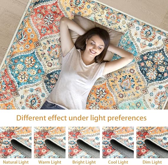 ROYHOME Area Rug 5x7 Moroccan Trellis Non-Slip Machine Washable Rug, Cream | Vintage Medallion Distressed Carpet Stain Resistant Accent Rug Coffee Table Floor Cover Farmhouse Dining Bedroom Decor