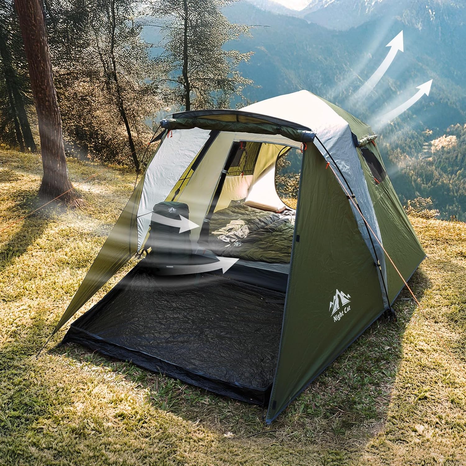 Night Cat Cabin Tent with Vestibule: 3 Persons Pop Up Camping Tent Double Layers Easy Quick Setup Waterproof - Image 4