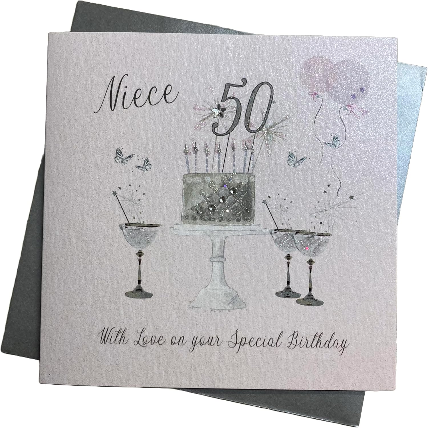 WHITE COTTON CARDS Happy 50th Birthday Card Niece Champagne Glasses Pink Roses SS42-NIE50