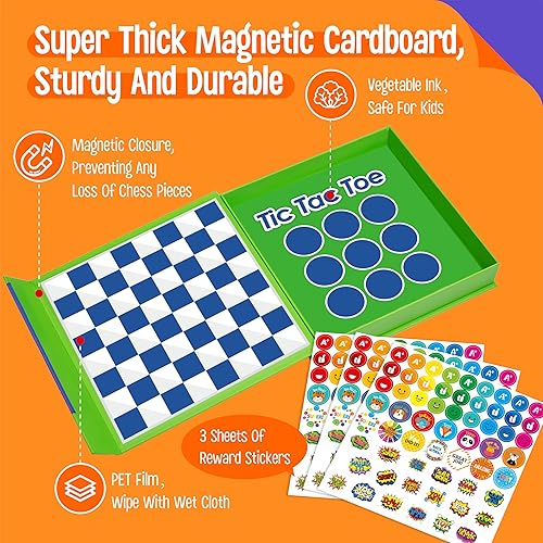 Miniatura 2 de Juego de damas 2 en 1, tablero de juego magnético - Damas y Tic-Tac-Toe, juego de viaje de espuma gruesa con 59 calcomanías de recompensa para niños