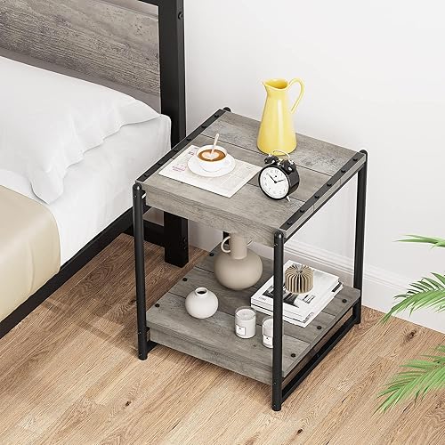 Miniatura 6 de Mesa auxiliar cuadrada moderna industrial, mesa auxiliar para sofá de sala de estar con almacenamiento en estantes, muebles de mesita de noche de