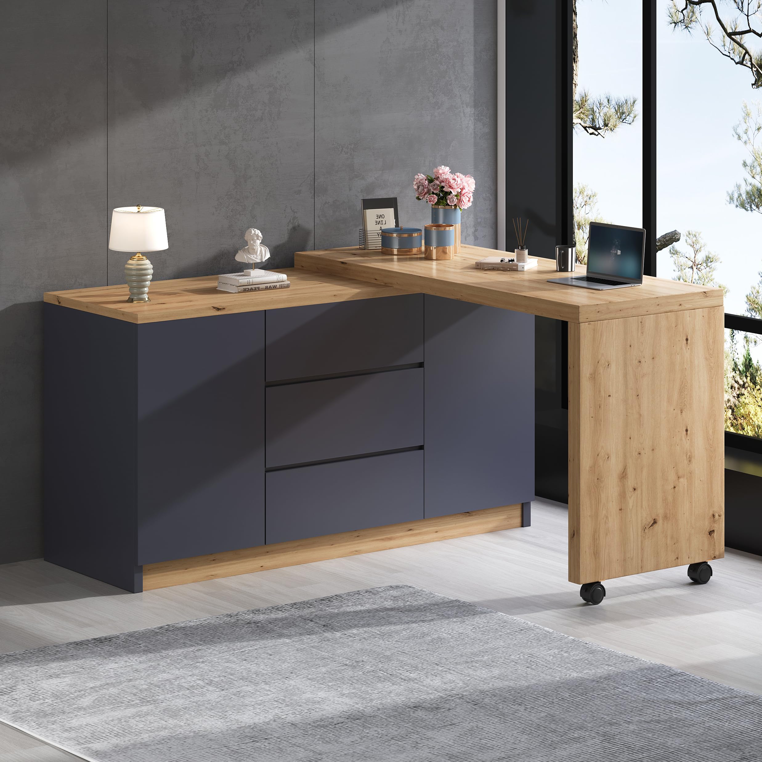 Scrivania con ruote bloccabili, design multifunzionale, 4 cm di spessore, piano girevole bloccabile, scrivania pieghevole, scrivania angolare, credenza (grigio + rovere)