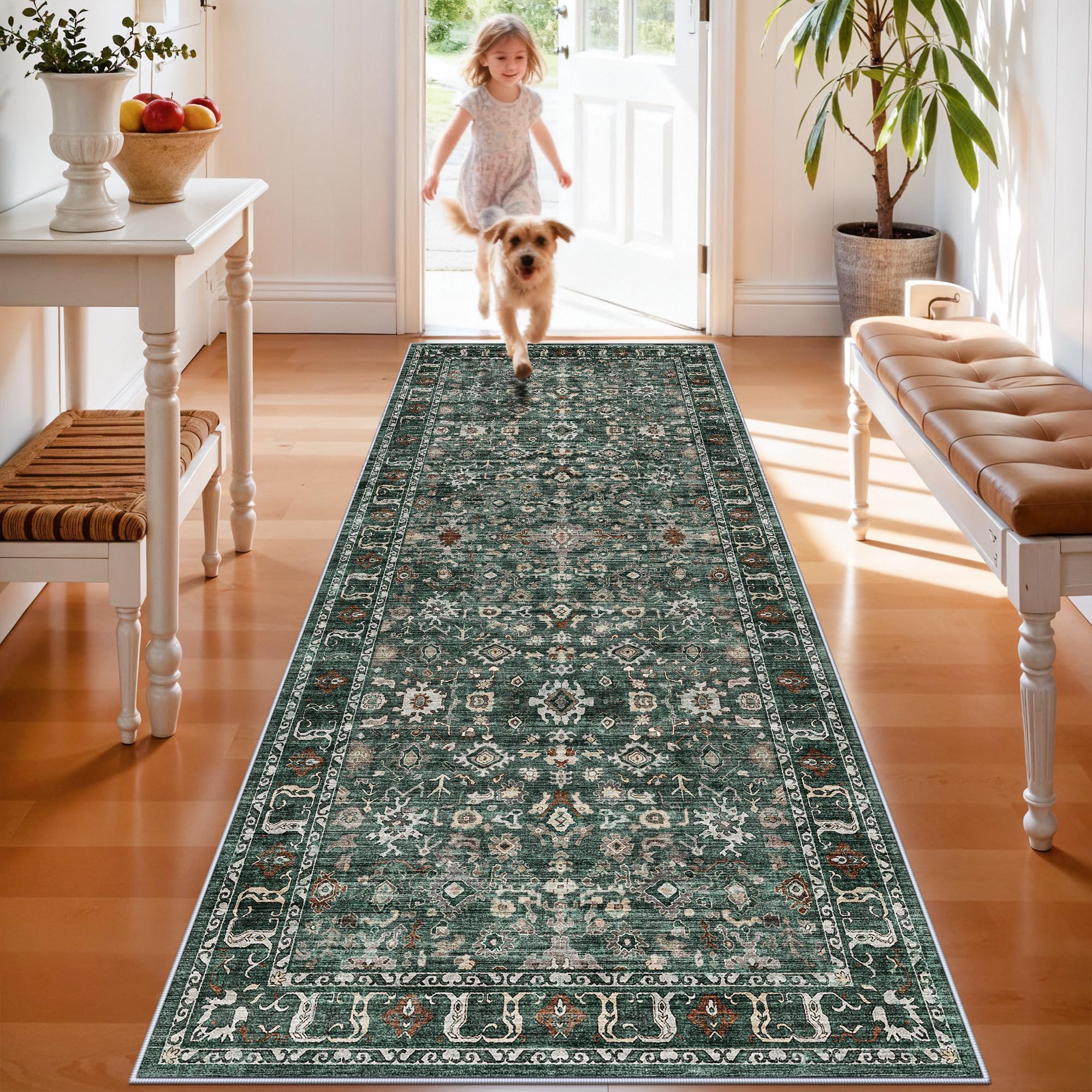 Washable Hallway Runner Rug 3x8: 8ft Runners for Kitchen Entry Non Slip Soft Low Pile Thin Carpet for Living Room Bedroom Bathroom Dining Room Foyer (Dark Green Multi, 3X8)