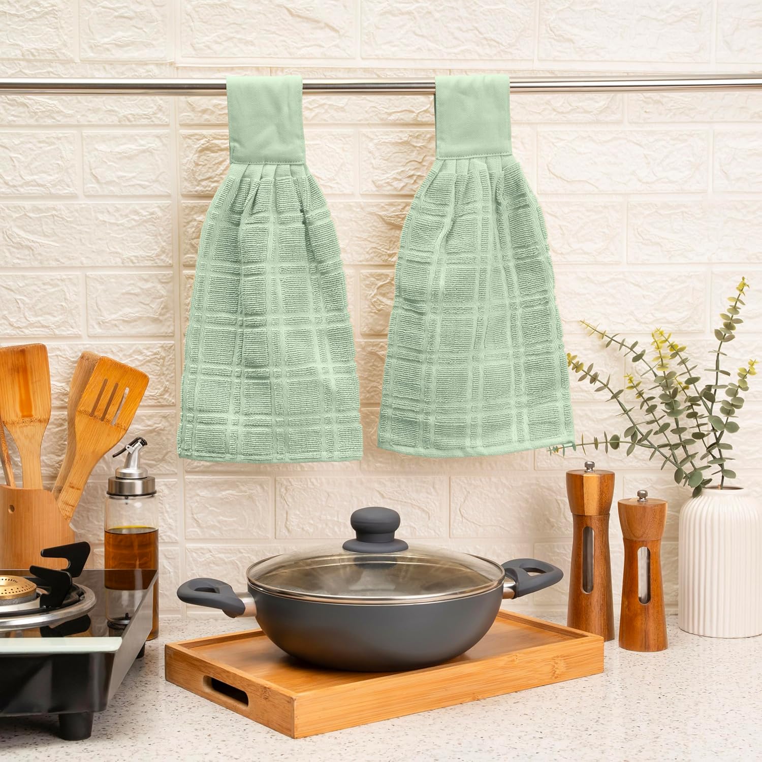 Blue Needles Hanging Kitchen Towels - Sage Green 100% Cotton Solid Kitchen Tie Towel, Set of 2 Hand Dish Cloth with Hanging Loops 9 x 17 Inches, Absorbent, Super Soft, and Fast Drying Home Essential - Image 5